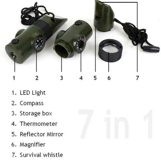 Jungle Survival Multi-Tool – Whistle, Compass, Mirror & More for Adventurers